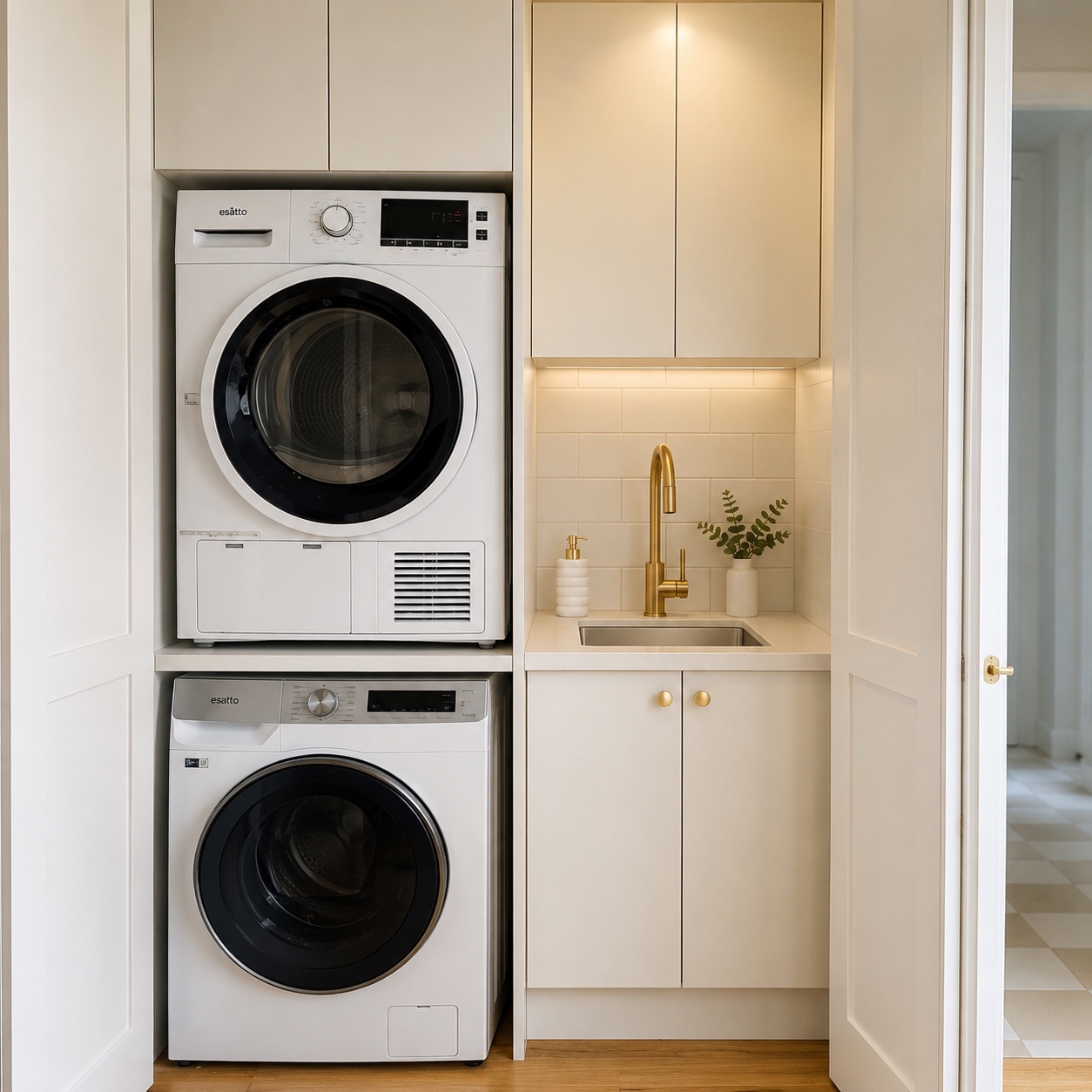 Laundry renovation plumbing with stacked laundry and brass tapware